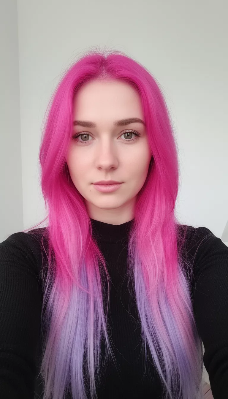 selfie of a 28-year-old woman wearing a black top with a bright multi-tonal pink and lavender colored long hairstyle, front view, minimal background