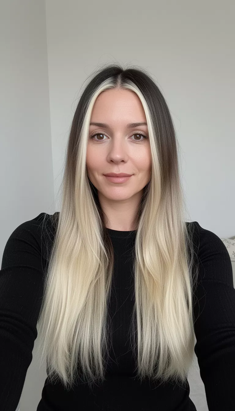 selfie of a 36-year-old woman wearing a black top with a dark roots to bright blonde ends money piece colored long hairstyle, front view, minimal background