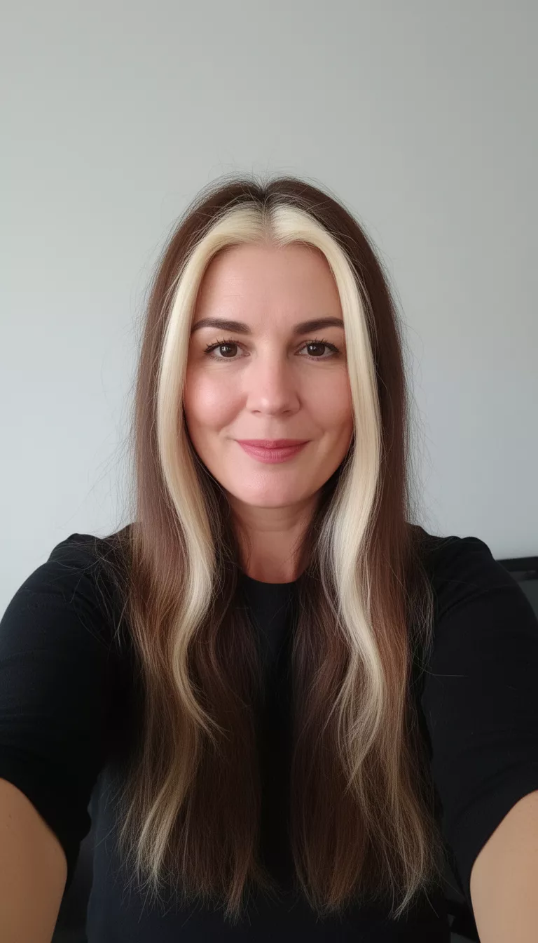 selfie of a 35-year-old woman wearing a black top with a brown hair with thick blonde face-framing pieces colored long hairstyle, front view, minimal background