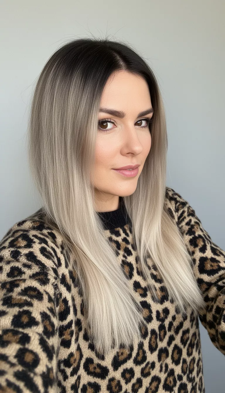 selfie of a 36-year-old woman wearing a leopard print sweater with a dark roots blending into light blonde ends colored long hairstyle, side view, minimal background