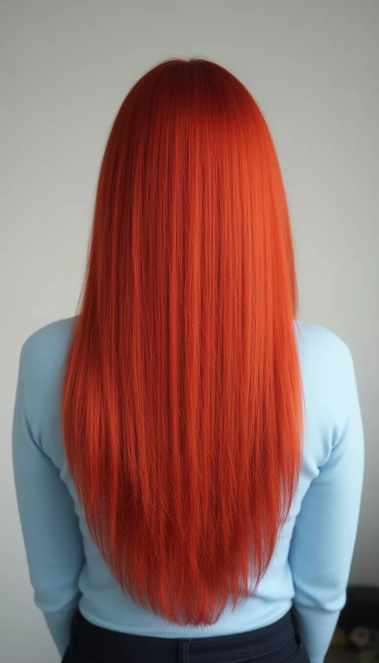 selfie of a 37-year-old woman wearing a light blue top with a brilliant rich solid reddish-orange colored long hairstyle, back view, minimal background