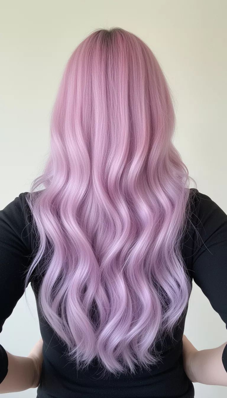 selfie of a 29-year-old woman wearing a black top with an even pastel blend of pink and light purple colored long hairstyle, back view, minimal background
