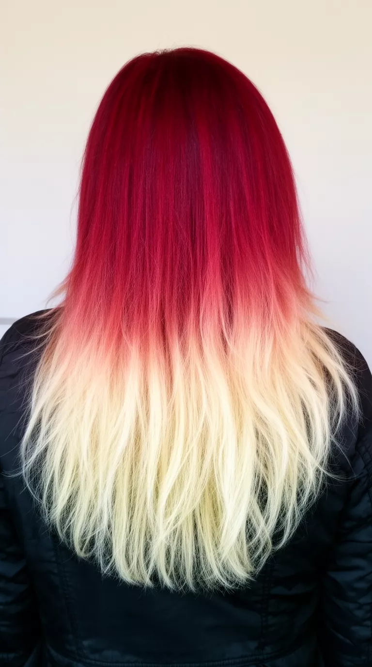 casual photo of a 44-year-old woman wearing a black jacket with a deep red at the roots to bright blonde ends colored long hairstyle, back view, minimal background