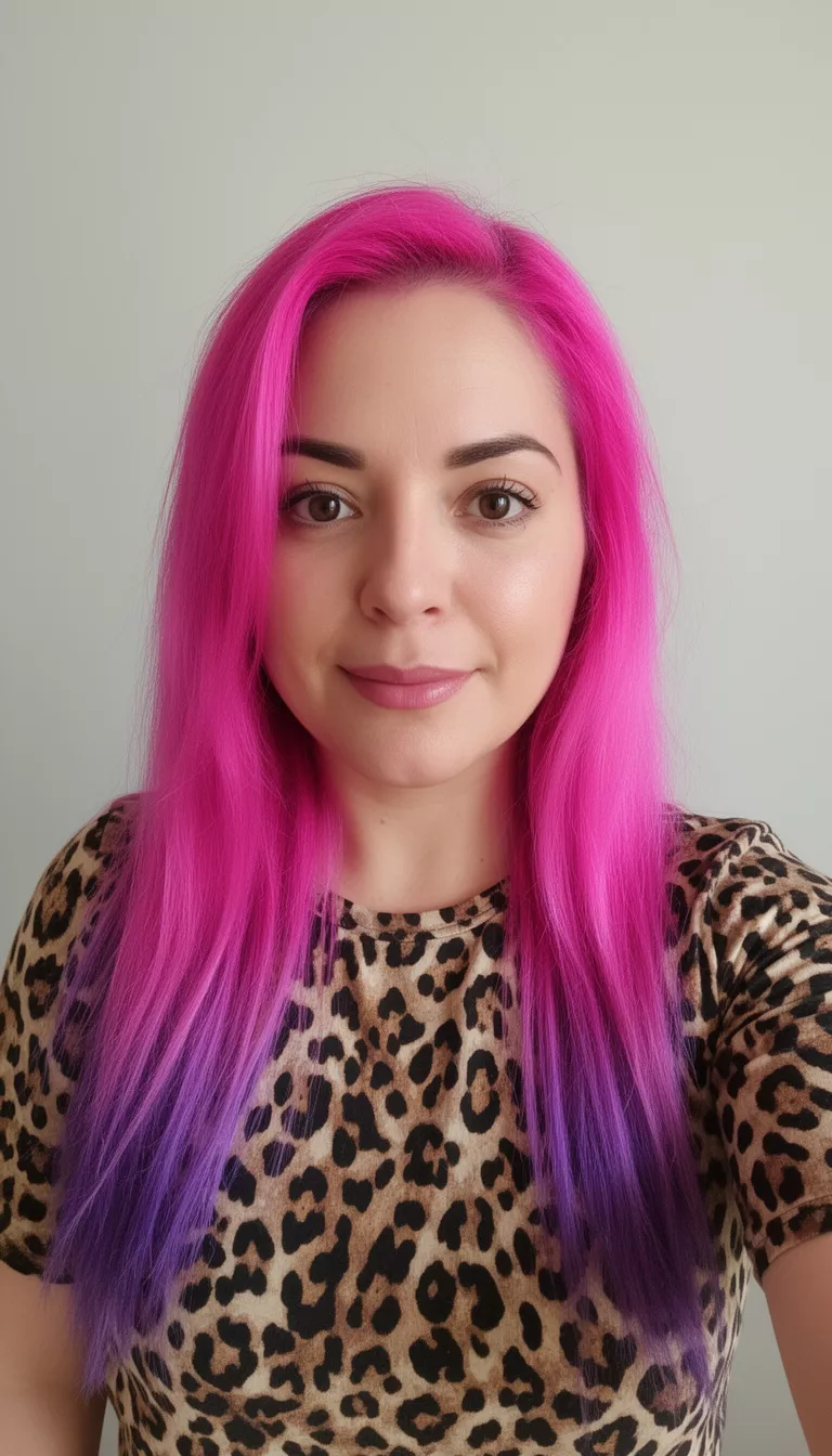 selfie of a 30-year-old woman wearing a leopard print top with a vibrant pink and purple colored long hairstyle, front view, minimal background