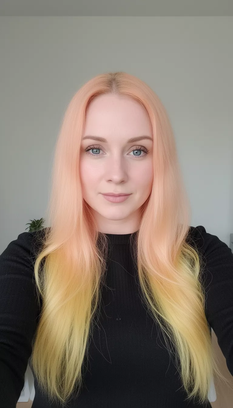 selfie of a 34-year-old woman wearing a black top with a pale peach and yellow ombré colored long hairstyle, front view, minimal background
