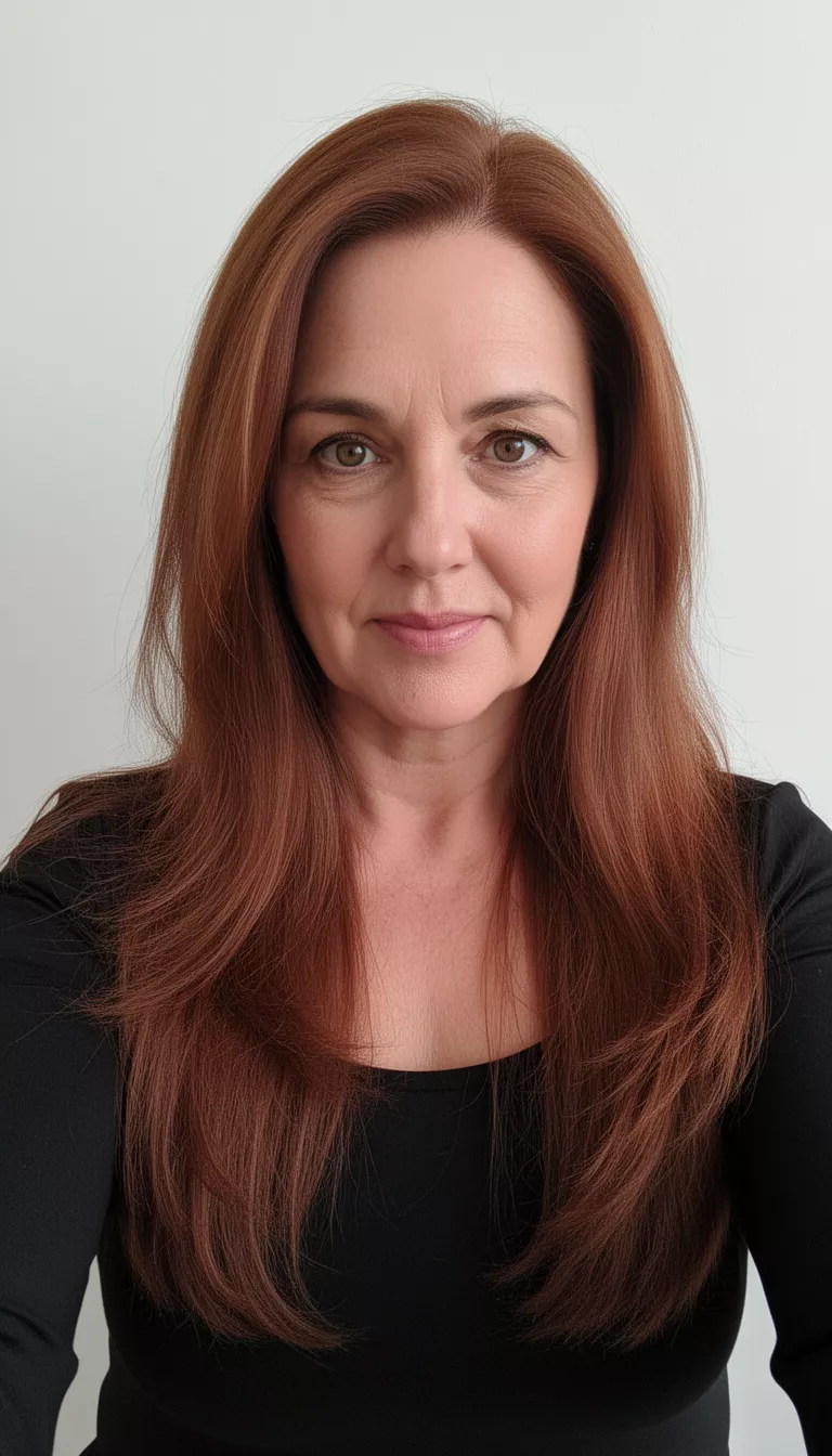 selfie of a 45-year-old woman wearing a black top with a rich chestnut brown colored long hairstyle, front view, minimal background