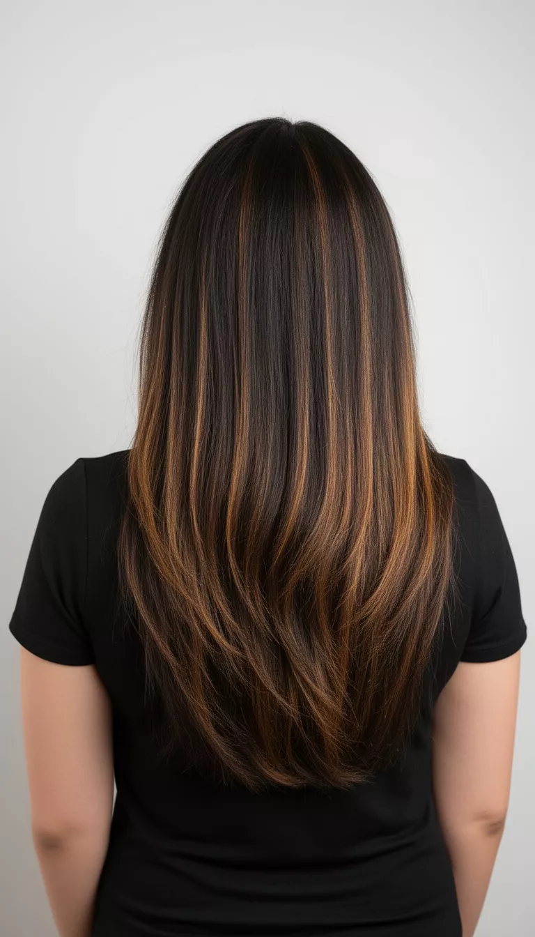 selfie of a 38-year-old woman wearing a black top with a dark brown hair with subtle lighter brown and caramel streaks colored long hairstyle, back view, minimal background