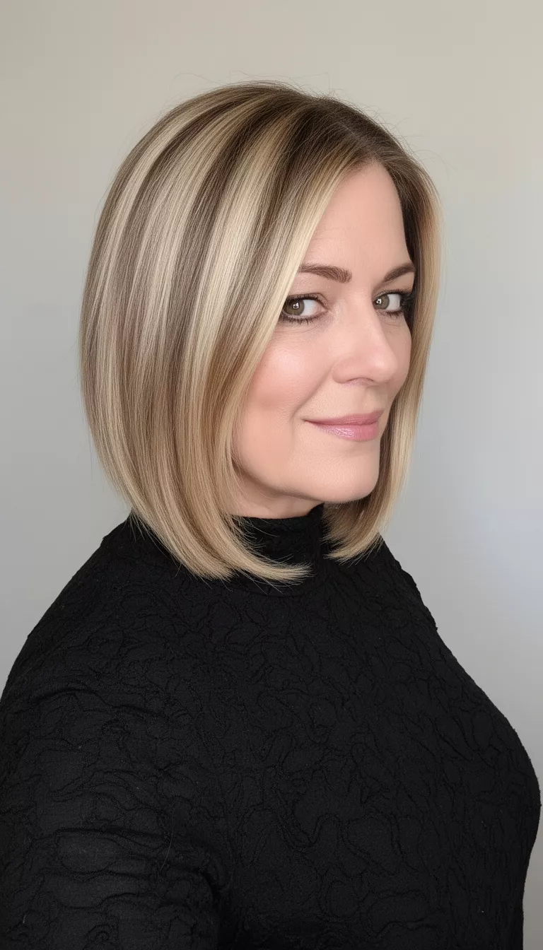 selfie of a 43-year-old woman wearing a black textured top with a blonde balayage bob colored long hairstyle, side view, minimal background