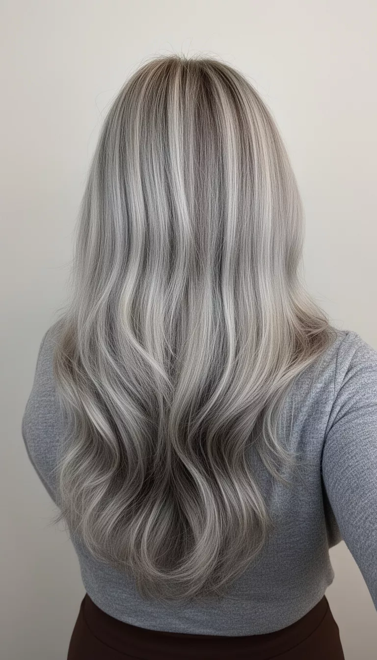 selfie of a 47-year-old woman wearing a grey top with a dark brown base with icy blonde and ash-toned highlights colored long hairstyle, back view, minimal background