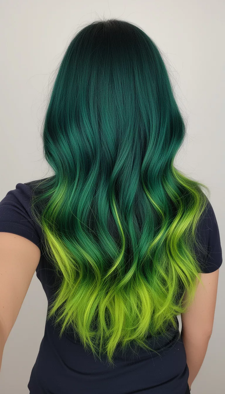 selfie of a 32-year-old woman wearing a dark top with a deep emerald and bright lime green colored long hairstyle, back view, minimal background
