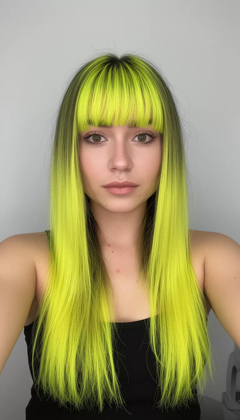 selfie of a 29-year-old woman wearing a black tank top with a bright neon yellow coloring with full bangs colored long hairstyle, front view, minimal background
