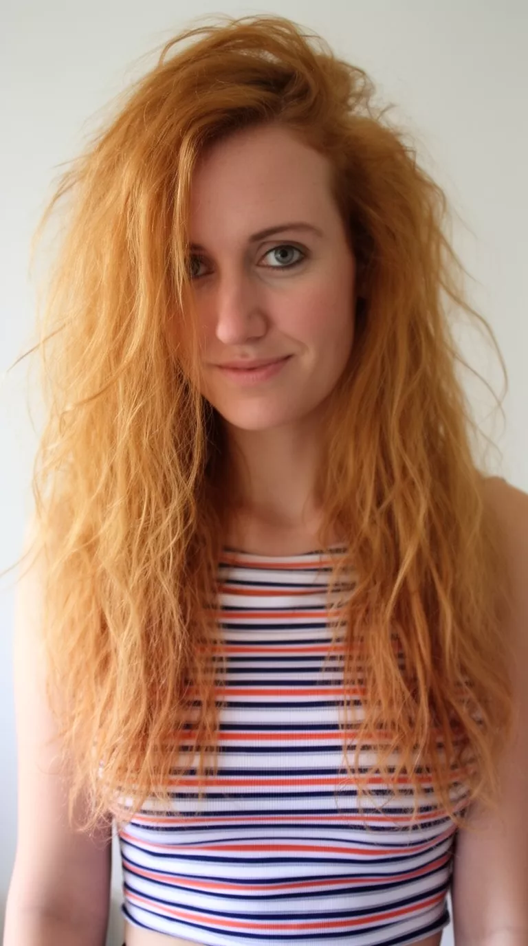 casual photo of a 33-year-old woman wearing a striped top with a messy strawberry blonde colored long hairstyle, front view, minimal background