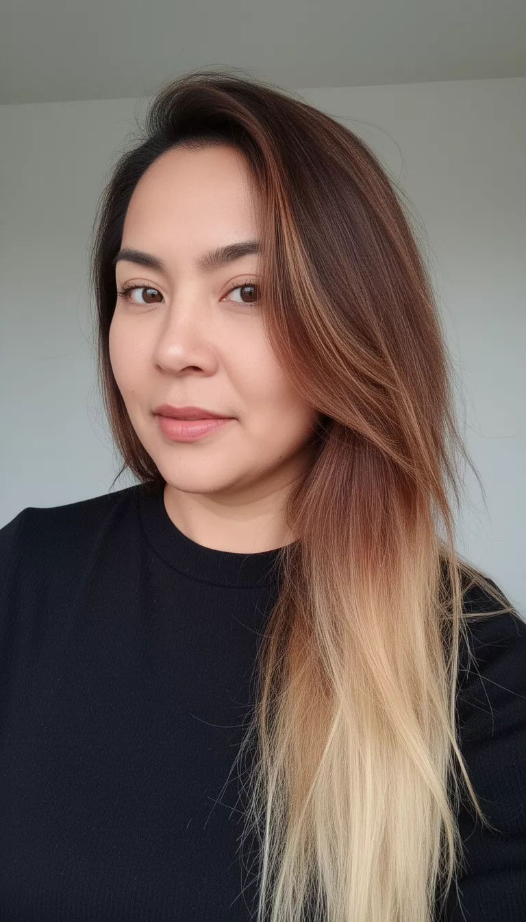 selfie of a 39-year-old woman wearing a black top with a brown hair with highlights fading to blonde colored long hairstyle, side view, minimal background