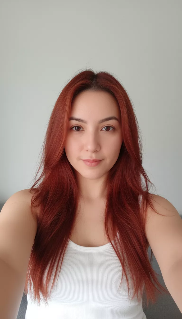 selfie of a 31-year-old woman wearing a white tank top with a reddish-brown colored long hairstyle, front view, minimal background