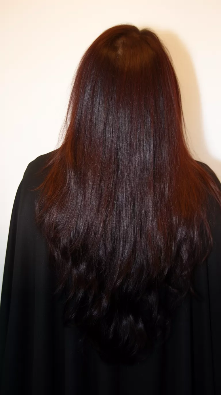 casual photo of a 41-year-old woman wearing a black cape with a dark brown to black glossy colored long hairstyle, back view, minimal background