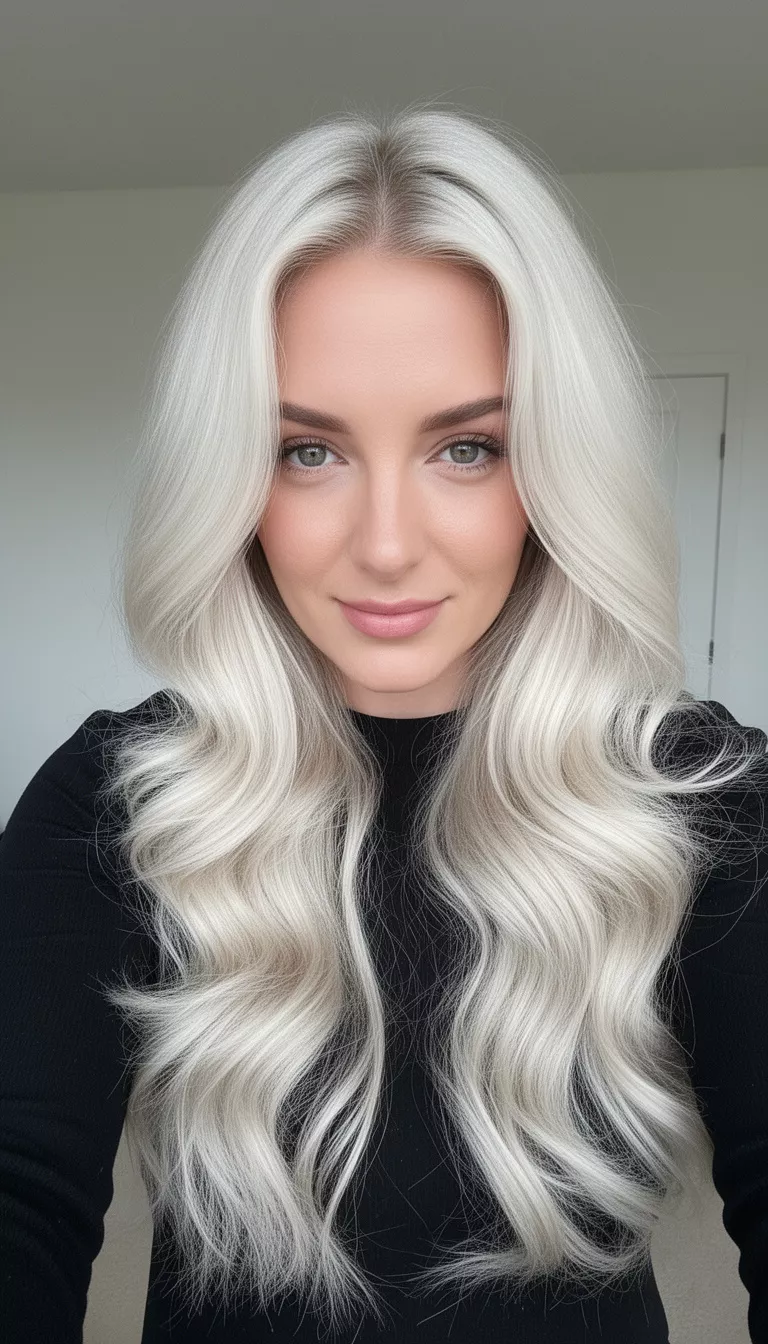 selfie of a 31-year-old woman wearing a black top with a voluminous platinum blonde colored long hairstyle, front view, minimal background