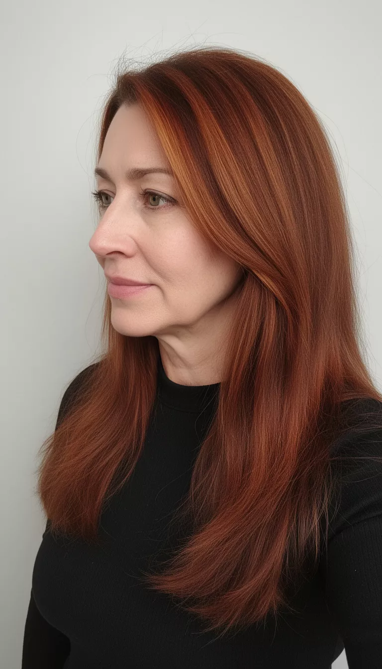 selfie of a 42-year-old woman wearing a black top with a dark brown base with warm auburn highlights colored long hairstyle, side view, minimal background
