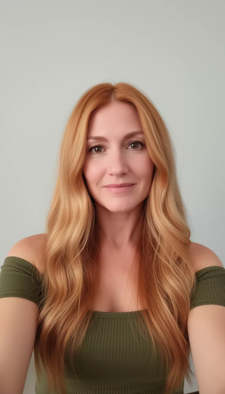 selfie of a 35-year-old woman wearing an olive green off-shoulder top with a warm natural strawberry blonde colored long hairstyle, front view, minimal background