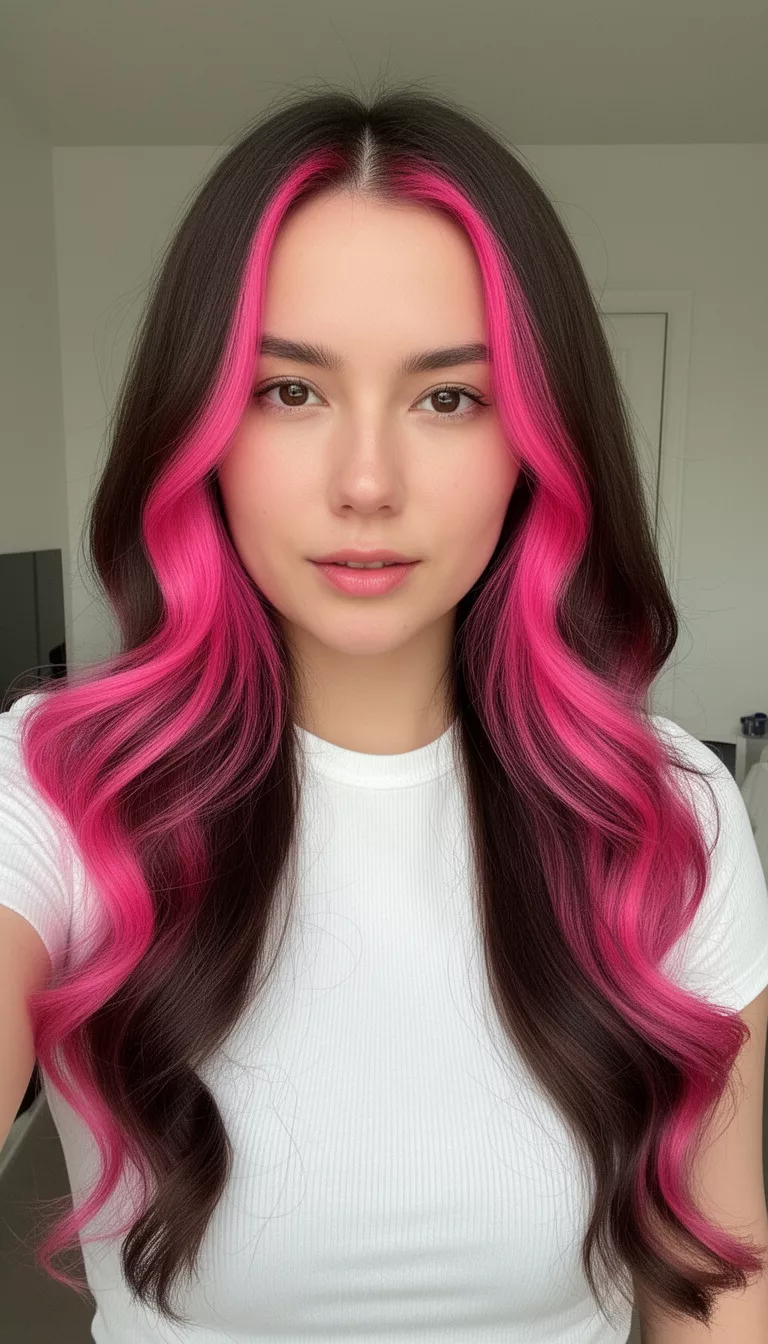 selfie of a 27-year-old woman wearing a white top with a dark brown lob with bright pink face-framing highlights colored long hairstyle, front view, minimal background
