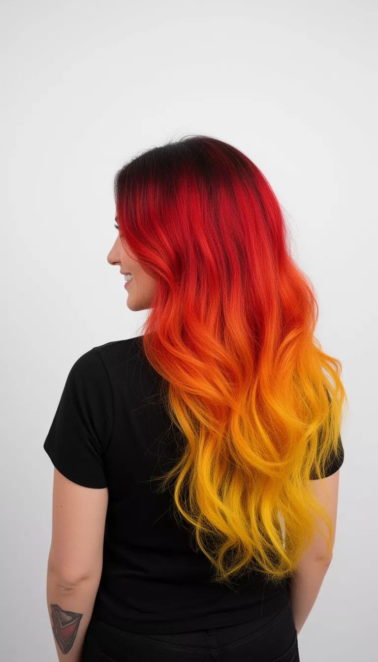 selfie of a 30-year-old woman wearing a black top with a vibrant color melt of red orange and yellow colored long hairstyle, back view, minimal background