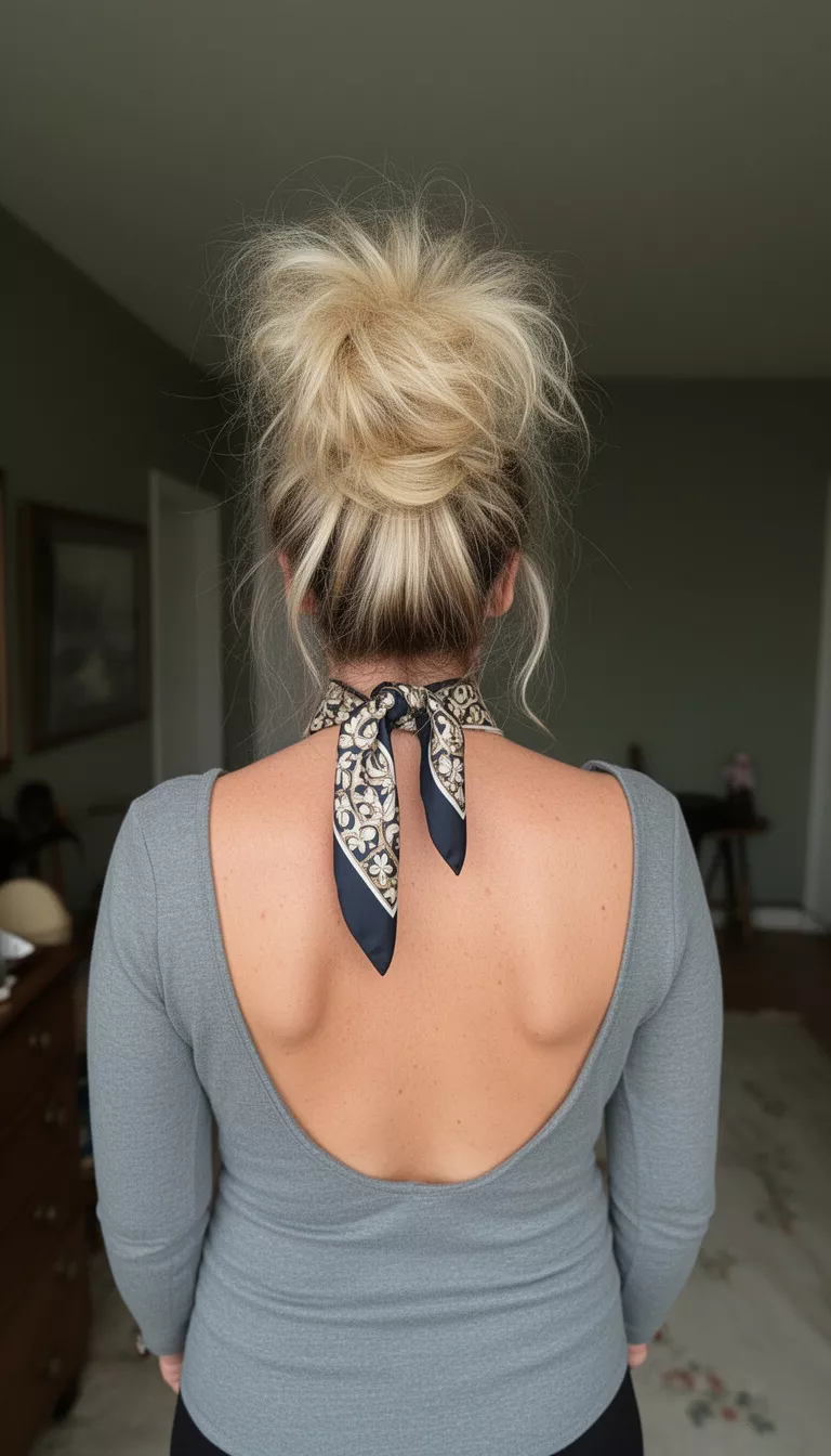 selfie of a 49-year-old woman wearing a backless top with a blonde colored messy voluminous top knot with a patterned scarf hairstyle, back view, muted room backdrop.