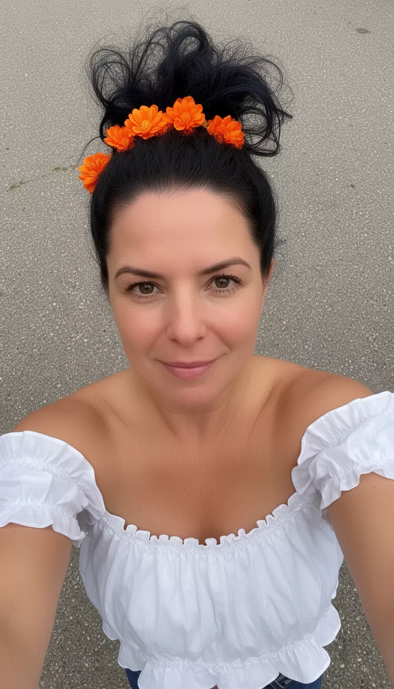 selfie of a 33-year-old woman wearing a white ruffled off-the-shoulder top with a dark colored high messy bun with orange flowers hairstyle, top view, outdoor surface.