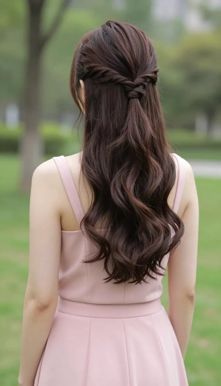 photo of a 35-year-old woman wearing a pink skirt with a dark brown colored half-up bubble ponytail hairstyle, back view