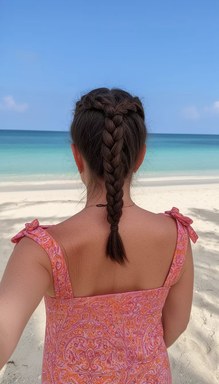 selfie of a 45-year-old woman wearing a pink and orange patterned tie-shoulder top with a dark brown colored two Dutch braids into low ponytails hairstyle, back view, bright beach setting.