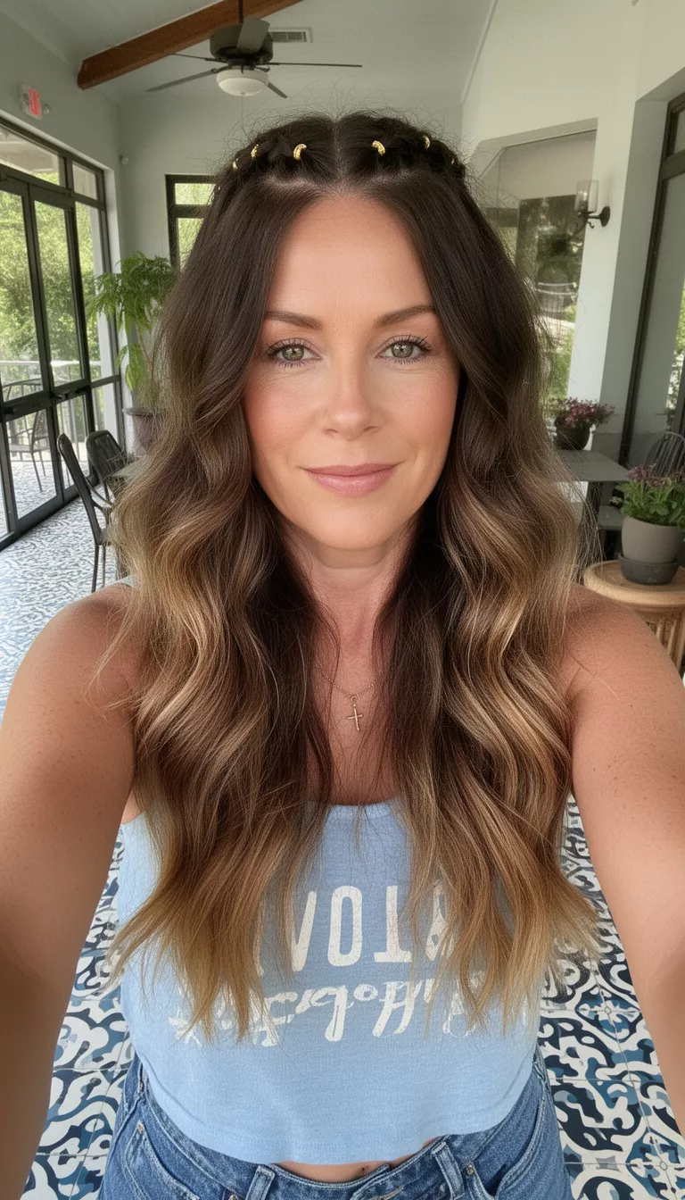 selfie of a 44-year-old woman wearing a casual summer outfit with an ombre brown colored long wavy hairstyle with small braids and gold beads, front view, patterned indoor/outdoor area.