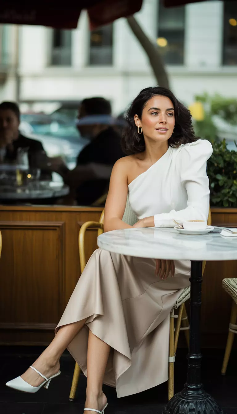A realistic photo of a woman sitting in a modern cafe wearing a white one-shoulder top tucked into a beige asymmetrical button-front midi skirt, accessorized with thin white heels, embodying contemporary chic.