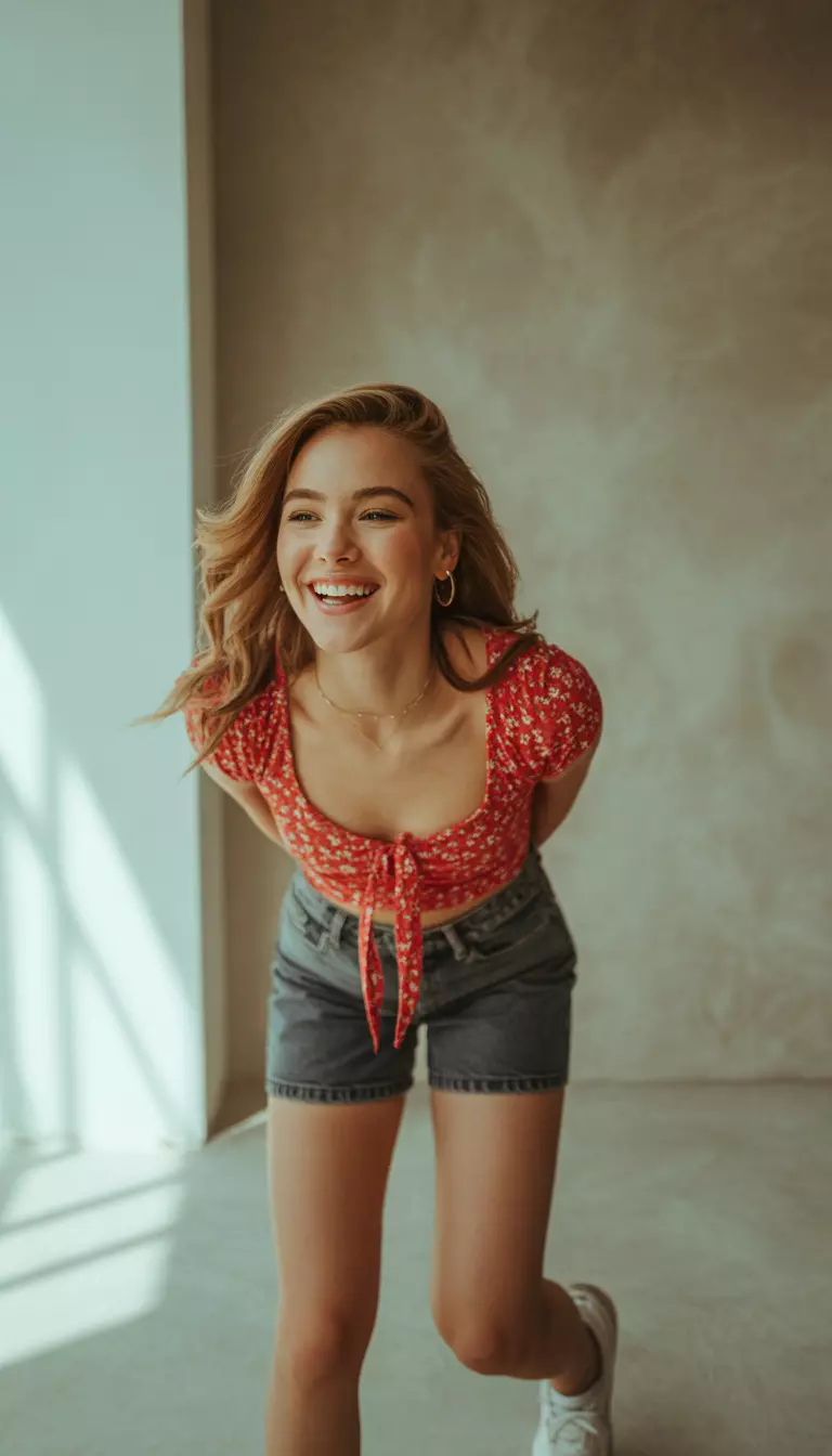 A realistic photo of a woman posing indoors wearing a small red floral tie-front top and snug dark-wash denim shorts, paired with white athletic shoes, looking youthful and energetic.