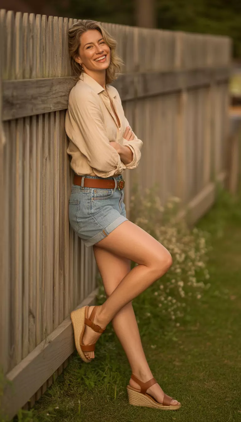 A realistic photo of a woman posing against a rustic wooden fence, wearing a tied beige button-down shirt, cuffed light-wash denim shorts, a brown leather belt, and brown wedge sandals, radiating a relaxed and timeless summer vibe.