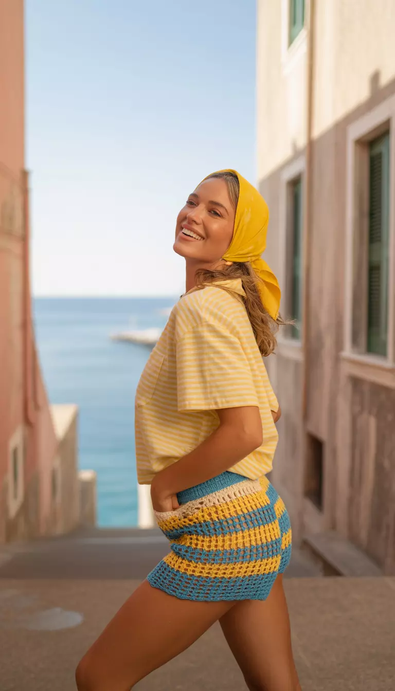 A realistic photo of a woman sporting a vibrant summer style with a yellow striped shirt, crocheted blue and yellow patterned shorts, and a yellow headscarf, posing in a coastal town setting.
