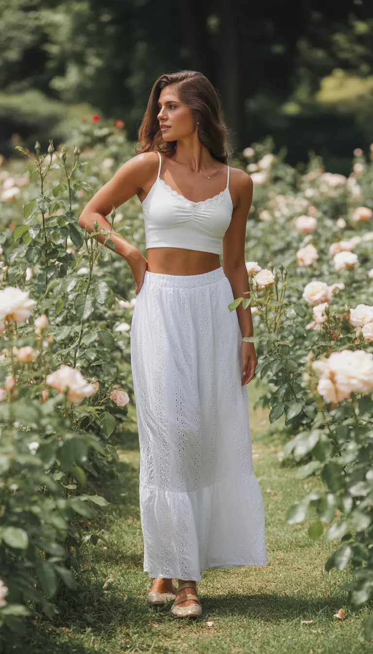 A realistic photo of a woman standing in a lush garden, wearing an all-white summer outfit featuring a white spaghetti strap crop top and a long white eyelet lace maxi skirt, creating a romantic and airy seasonal appearance.