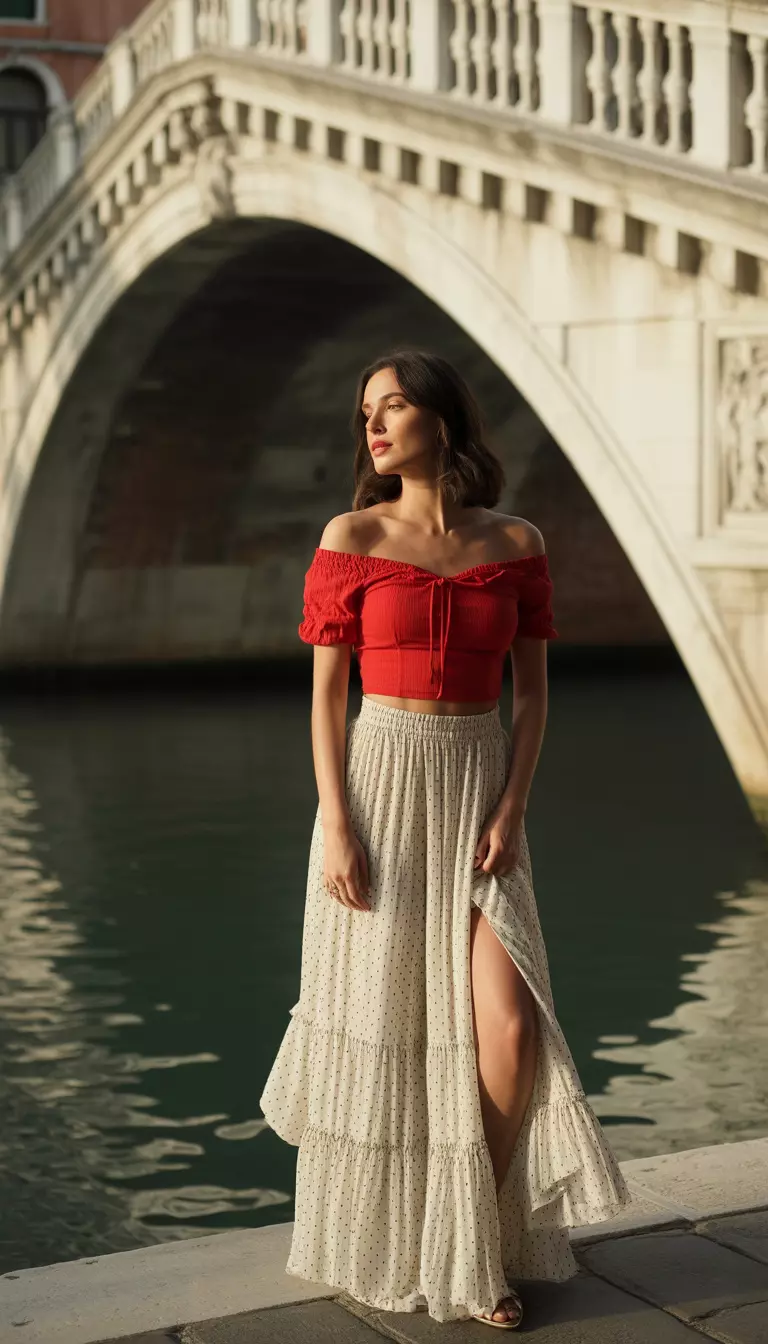 A realistic photo of a woman posing near a Venetian bridge in a bright red off-the-shoulder crop top and a white polka-dot ruffled high-slit maxi skirt, looking romantic and vibrant.