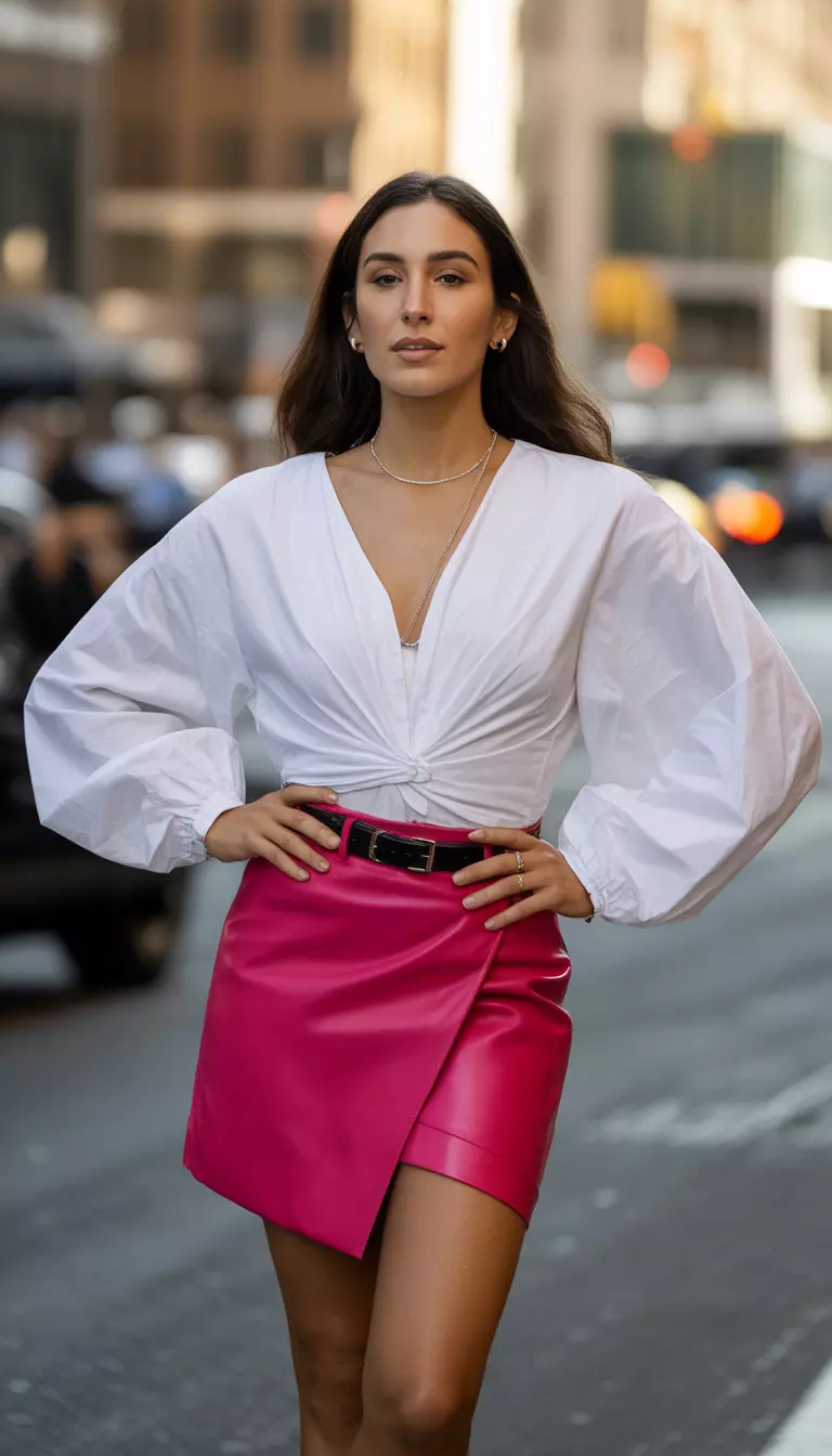 A realistic photo of a woman wearing a voluminous white button-up blouse tucked into a vibrant hot pink mini wrap skirt with a black belt, creating a bold and cheerful fashion statement.