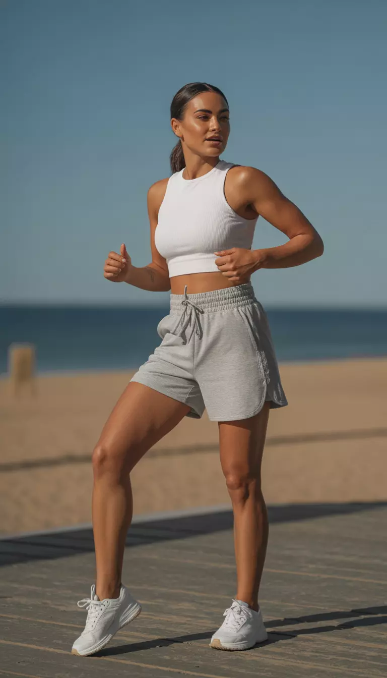 A realistic photo of a woman posing outdoors in a sporty summer look, sporting a white ribbed crop top, light grey athletic shorts, and white sneakers, looking active and ready for a casual day.
