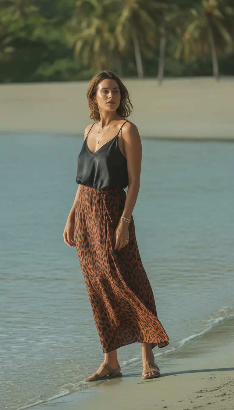 A realistic photo of a woman standing by the water wearing a black low-cut camisole tucked into a long flowing leopard print wrap skirt and flat sandals, capturing a serene coastal moment.