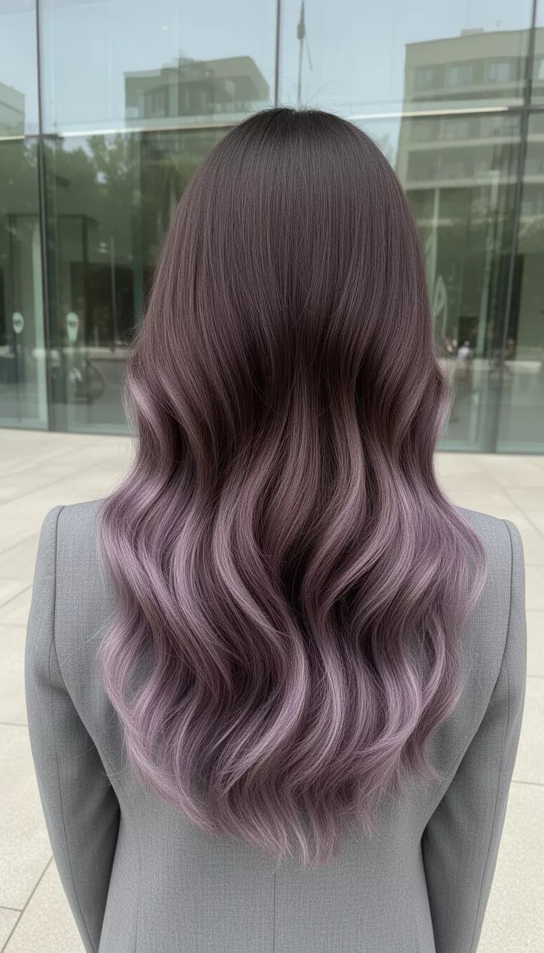 selfie of a 39-year-old woman wearing a gray blazer with a dark brown with ashy purple and muted lilac highlights colored long hairstyle, back view, glass exterior background.