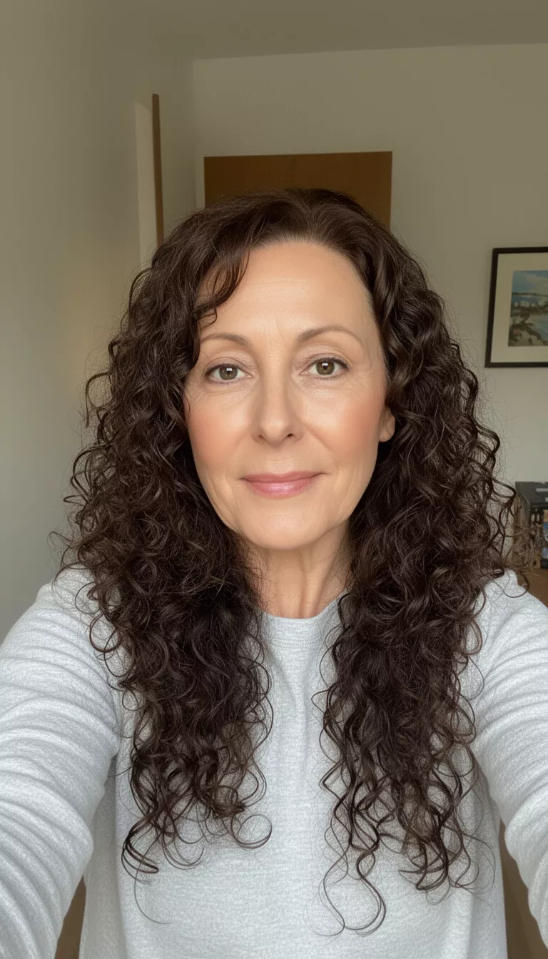 selfie of a 49-year-old woman wearing a light gray shirt with a dark brown colored long curly hairstyle, front view, indoor setting.