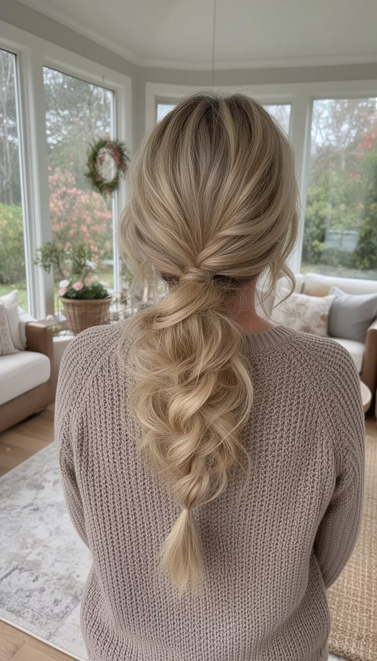 selfie of a 43-year-old woman wearing a knit top with a blonde colored voluminous loose side braid hairstyle, back view, cozy sunroom.