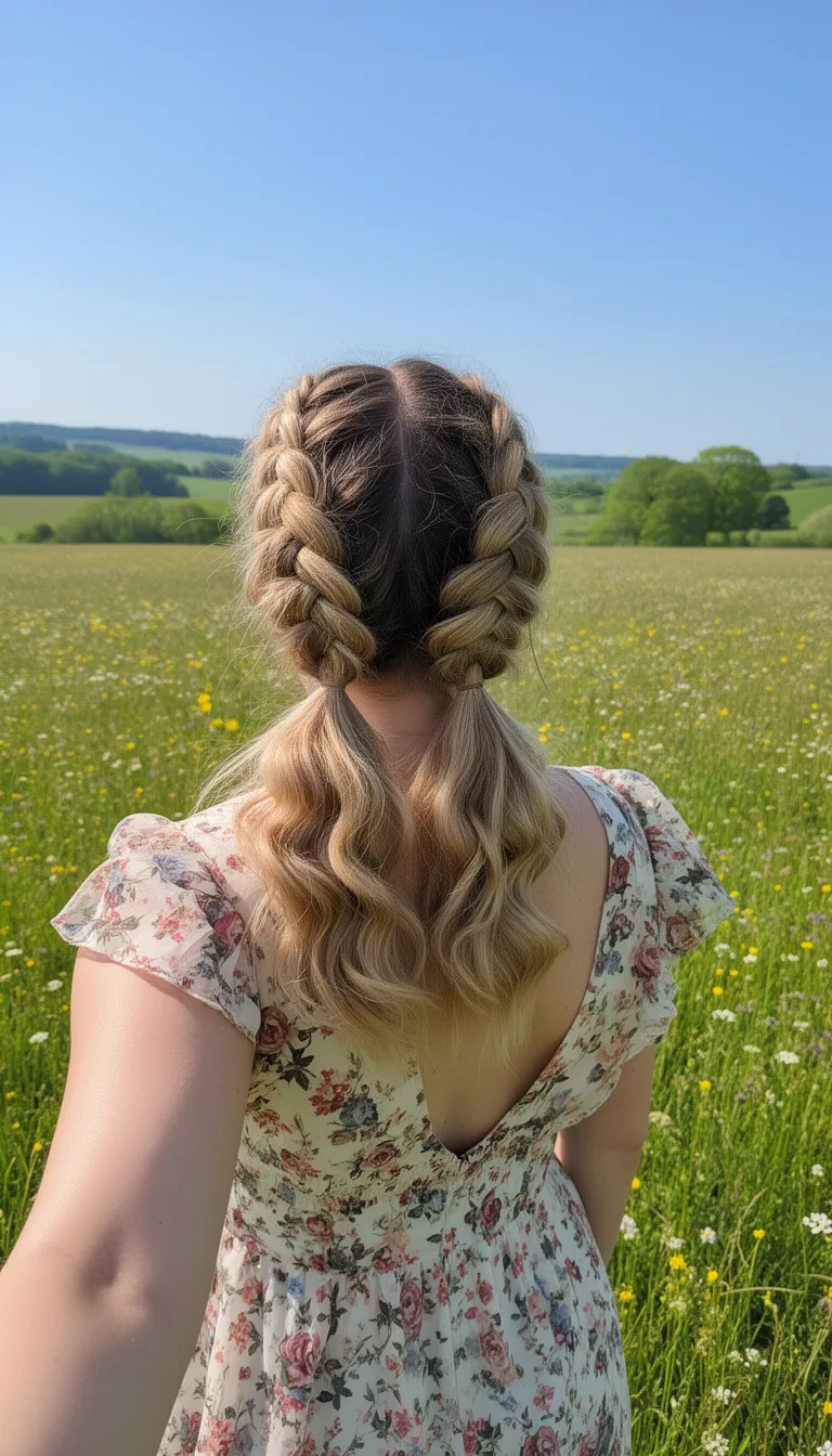 selfie of a 31-year-old woman wearing a floral dress with a blonde colored voluminous crown braids and pigtails hairstyle, back view, sunny meadow.