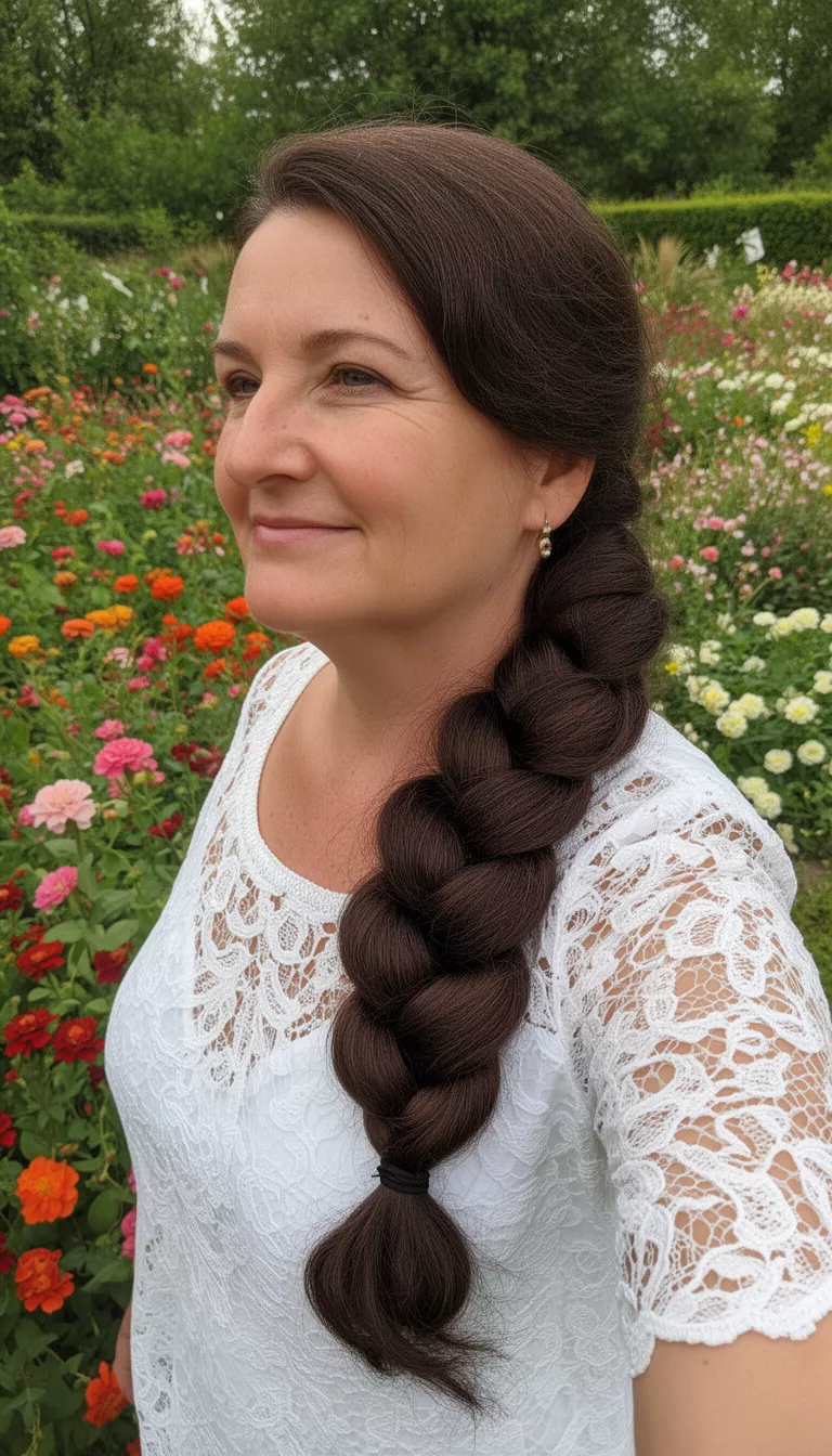 selfie of a 47-year-old woman wearing a white lace top with a dark brown colored thick voluminous side braid hairstyle, side view, flower garden.
