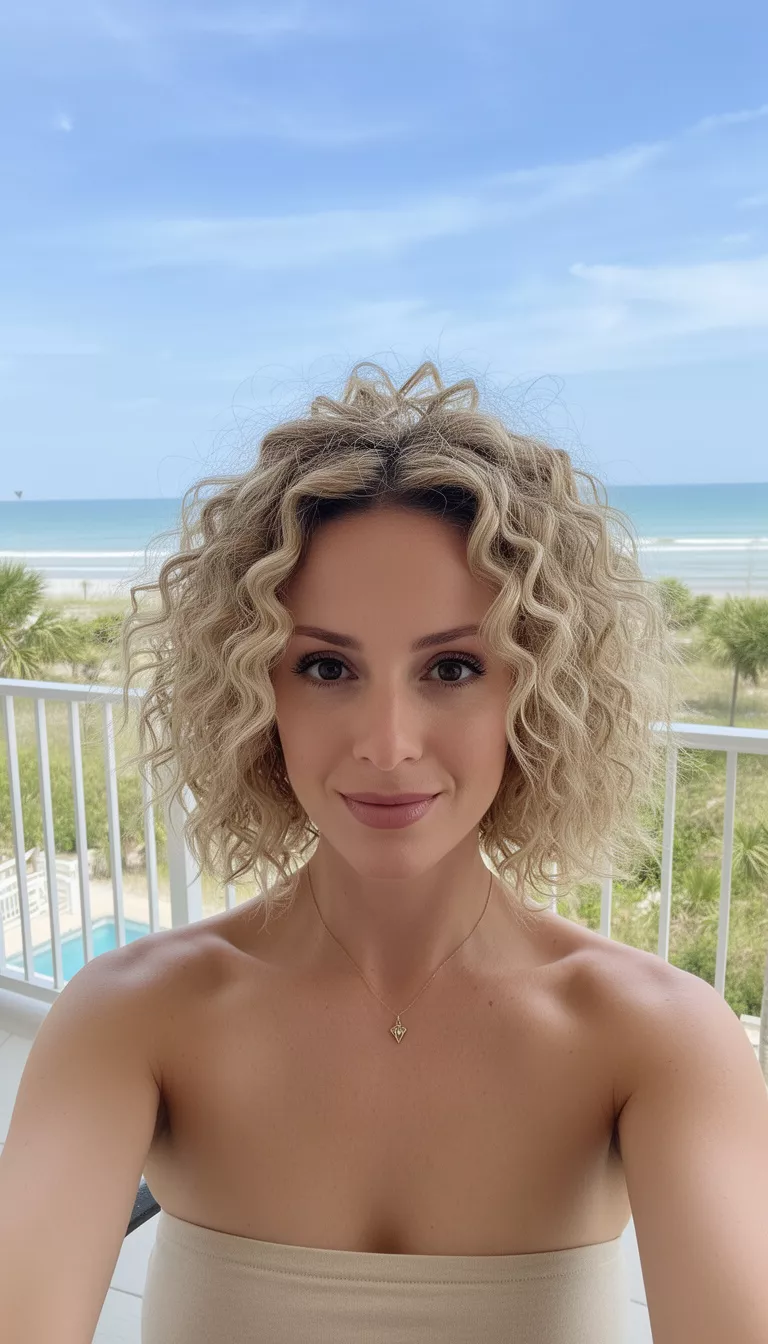 selfie of a 32-year-old woman wearing a strapless top with a blonde colored chin-length curly hairstyle with crown volume, front view, breezy seaside balcony.