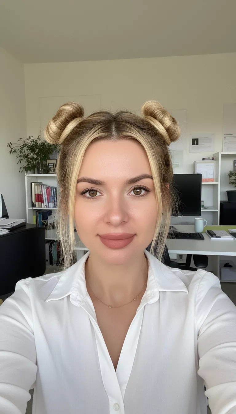 selfie of a 28-year-old woman wearing a white collared top with a blonde colored half-up space buns hairstyle, front view, bright home office.