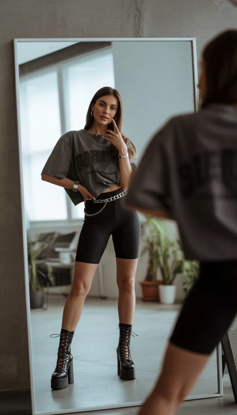 A beautiful woman in a dark grey oversized graphic tee, black cycling shorts with a silver chain belt, and black lace-up platform boots, taking a mirror selfie indoors.