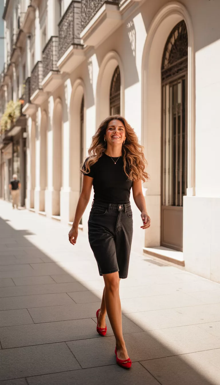 A beautiful woman in a black fitted top, dark denim knee-length shorts, and bright red ballet flats, walking down a sidewalk lined with classic white architecture.