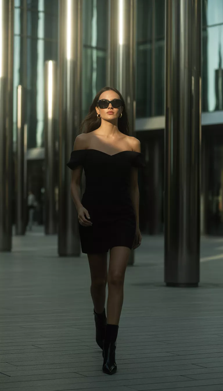 A beautiful woman in a black off-the-shoulder mini dress, black ankle boots, and large sunglasses, walking in an urban setting with glass and metal pillars.