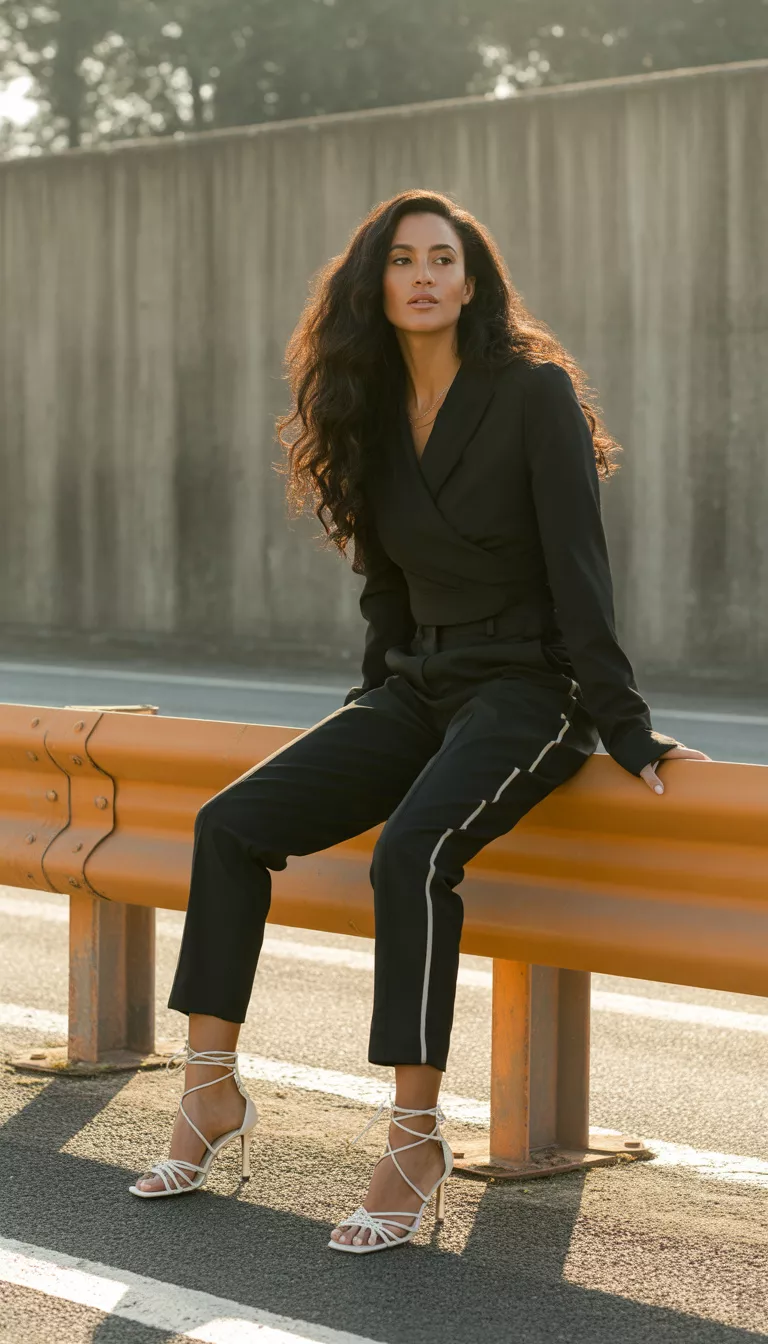 A beautiful woman in a black wrap top, black cropped trousers with white trim, and white lace-up heeled sandals, sitting on an orange barrier in front of a concrete wall.