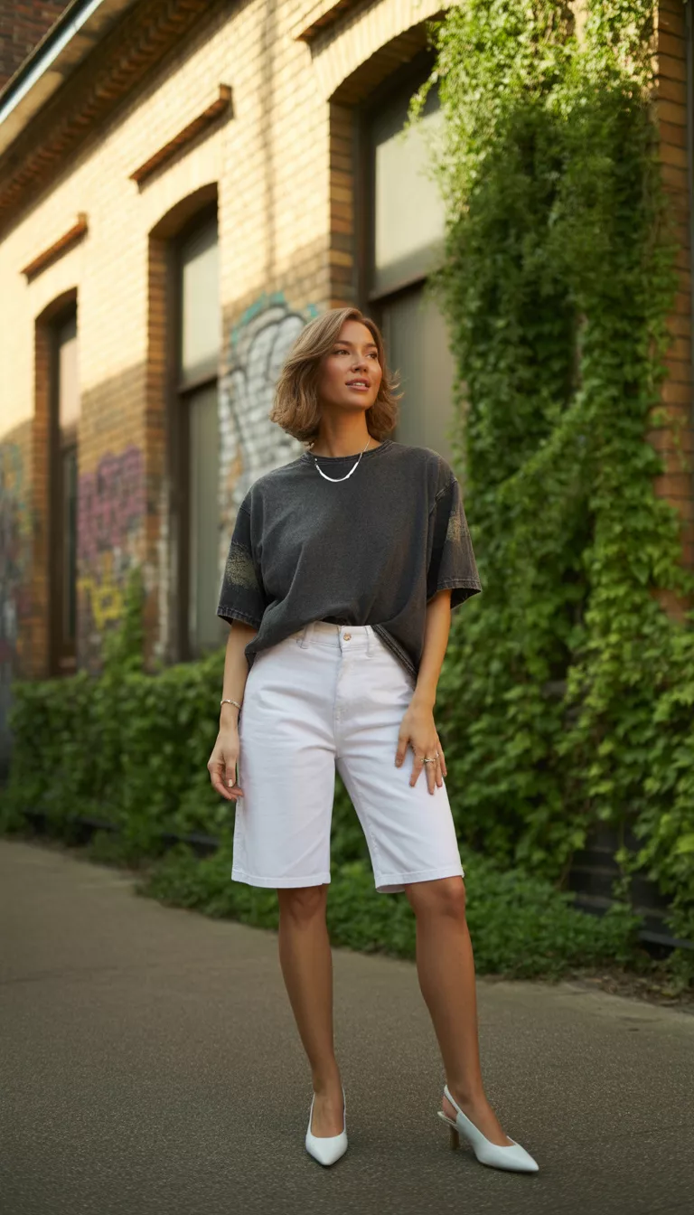 A beautiful woman in a distressed charcoal oversized t-shirt, white knee-length denim Bermuda shorts, and white pointed slingback kitten heels, standing outside a building.